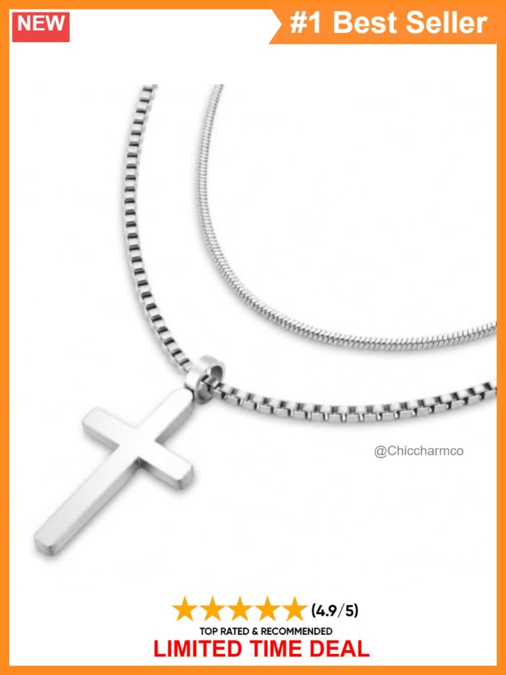 Waterproof Stainless Steel Cross Necklace Duo with Two Chains Unisex